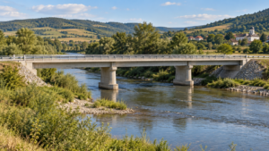Ilustrație generată cu inteligența artificială: pod peste un râu într-un peisaj rural